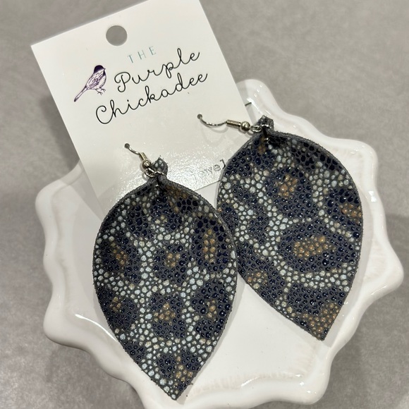 New Animal Print Pinched Leather Earrings Navy Tan Grey 3โ - Picture 1 of 1
